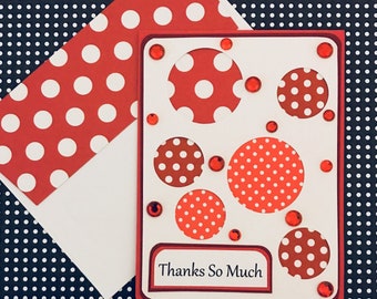 Thanks So Much Card with Matching Embellished Envelope- Red Polka Dots [TOP FOLD ]