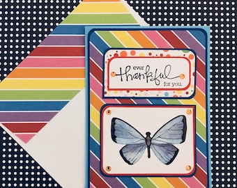 Thank You Card with Matching Embellished Envelope- Rainbow Butterfly [TOP FOLD ]