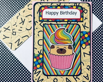Scrabble Inspired Cupcake Rainbow Birthday Card with Matching Embellished Envelope [ TOP FOLD ]