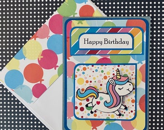 Unicorn Birthday Card with Matching Embellished Envelope- Unicorn Balloons: [TOP FOLD]