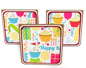 CLEARANCE- Birthday: Mini Notecards, Mini Lunch box Notes, Gift Bag Tags, Party, Favors Notes Set of 6- 3 x 3 inches approx. [TOP FOLD]