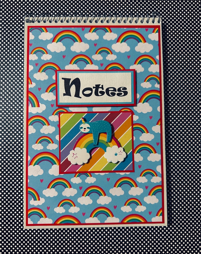 Sloth Rainbows: Spiral Steno Pad, Altered Notepad, Desk Pad, Teachers Gift 6 x 9 inches TOP BOUND image 1