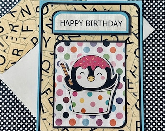 Scrabble Inspired Penguin Birthday Card with Matching Embellished Envelope [ TOP FOLD ]