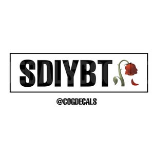 May include: A rectangular sticker with the text "SDIYBT" in bold black letters, a red rose graphic, and the text "@COGDECALS" in black. The sticker has a white background and a black border.