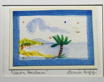 Acuarela en miniatura de Santa Bárbara de 2 x 3 pulgadas con tapete de 5 x 7 pulgadas sin ácido firmada por la artista Louise Hoff