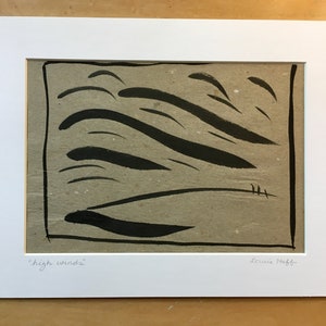 Puede incluir: Un dibujo abstracto en blanco y negro de viento, titulado "high winds" y firmado "Louise Hoff" en las esquinas inferiores.