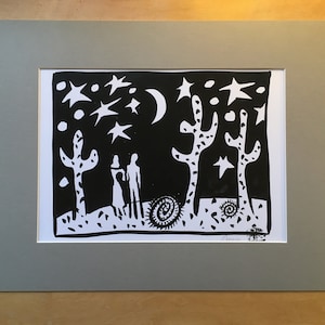 Anza Borrego desert couple sumi painting art print matted 11x14