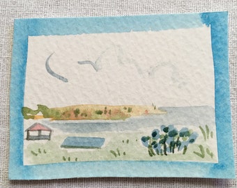 Cape Cod hortensia acuarela miniatura 2 x 3" mate 5 x 7 en estera libre de ácido firmado por artista