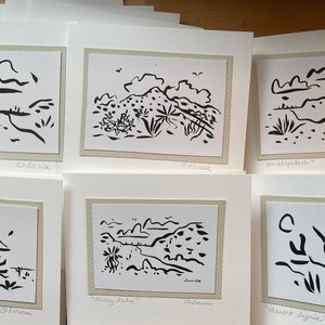 Ensemble de 6 cartes d'art paysages désertiques ma somme estampes à l'encre Joshua Tree dans une petite boîte