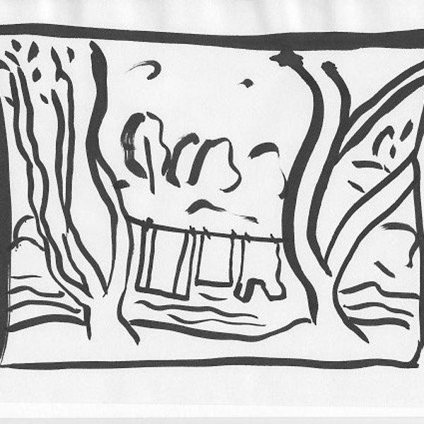 Big Sur River Camping Kunstdruck Sumi Tinte Malerei 1 Druck mattiert grau oder weiß 11x14