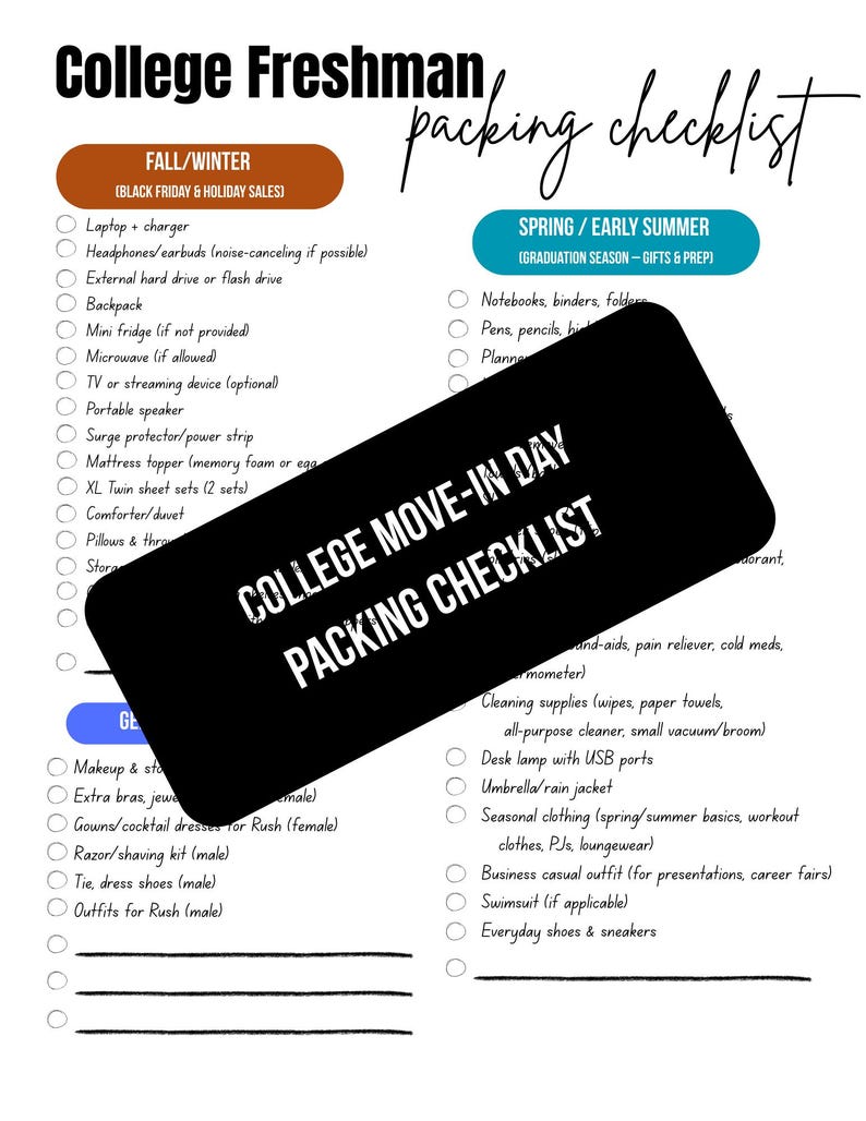 College Freshman Packing Checklist - Etsy
