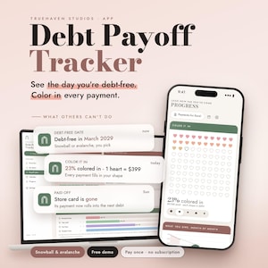Könnte beinhalten: Ein digitaler Schulden-Tracker auf einem Laptop- und Smartphone-Bildschirm. Die Benutzeroberfläche zeigt Fortschrittsbalken, herzförmige Symbole zum Ausmalen von Zahlungen sowie Text wie Debt Payoff Tracker, Debt-free in March 2029 und 23% colored in.