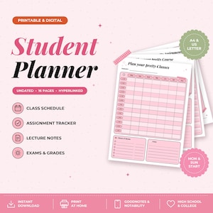 Utskrivbar och digital studentplanerare, odaterad uppföljare för högskoleuppgifter, rosa hyperlänkad PDF, A4, US Letter