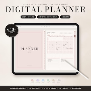 Könnte beinhalten: Ein digitaler Planer auf einem Tablet-Bildschirm mit einem rosafarbenen Einband und einem Januar-Kalender. Die Benutzeroberfläche enthält Navigationssymbole, verlinkte Seiten und einen Eingabestift. Text: DIGITAL PLANNER, 2027, 640+ HYPERLINKED PAGES.