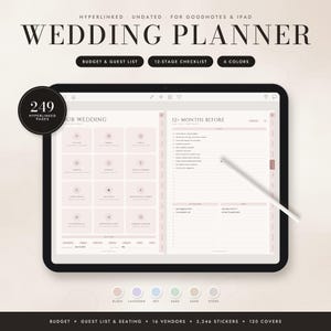 Könnte beinhalten: Ein digitaler Hochzeitsplaner auf einem Tablet-Bildschirm mit 249 verlinkten Seiten, einer 12-stufigen Checkliste und Budget-Tools. Die Benutzeroberfläche zeigt ein Dashboard mit Symbolen und eine monatliche Aufgabenliste sowie einen Eingabestift.