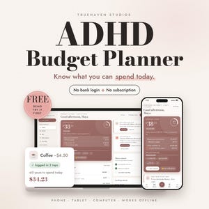 Op de afbeelding: Een digitale ADHD-budgetplanner weergegeven op een tablet- en smartphonescherm. De interface heeft een mauve en wit kleurenschema met tekst waaronder Truehaven Studios, ADHD Budget Planner en No bank login, No subscription.