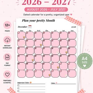 Könnte beinhalten: Ein Monatsplaner für 2026-2027, datiert von August 2026 bis Juli 2027. Der druckbare Kalender im A4-Format hat ein rosa Design mit einem Raster für Dezember 2026, nummerierten Tagen, Glühbirnen-Symbolen sowie Bereichen für Aufgaben und Notizen.