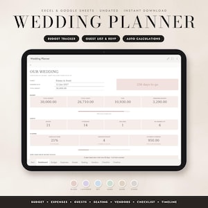 Könnte beinhalten: Eine digitale Hochzeitsplaner-Vorlage für Excel und Google Sheets auf einem Tablet-Bildschirm. Die Benutzeroberfläche enthält Bereiche für Budgetverfolgung, Gästelisten und automatische Berechnungen mit Texten wie Wedding Planner, Our Wedding und verschiedenen Finanzdaten. Sechs kreisförmige Farbfelder mit den Bezeichnungen blush, lavender, sky, sage, sand und stone sind unter dem Bildschirm abgebildet.