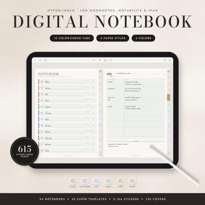 Digital Notebook with Tabs, Hyperlinked GoodNotes iPad Template, 12 Subjects, for College Note Taking & Cornell Paper