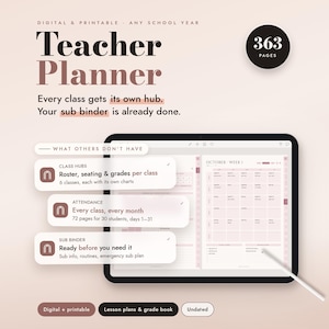 Könnte beinhalten: Ein digitaler Lehrerplaner mit 363 Seiten, der auf einem Tablet einen Wochenplan anzeigt. Der Text umfasst Teacher Planner, Class Hubs, Attendance, Sub Binder und What Others Don't Have. Enthält einen Eingabestift und digitale Etiketten.