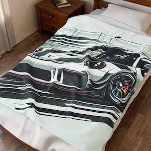 Coperta in pile, design in bianco e nero con pista da corsa Porsche 911 GT3RS, regalo per appassionati di auto, accogliente arredamento per la casa, coperta di lusso, fan delle corse