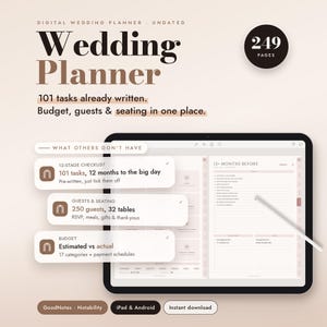 Digital Wedding Planner for GoodNotes & iPad, Hyperlinked Budget Tracker, Guest List, Seating Chart, Checklist