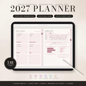 Könnte beinhalten: Ein digitaler 2027-Planer auf einem Tablet-Bildschirm mit 548 verlinkten Seiten, 90-Tage-Zielplänen und monatlichen Reset-Diagrammen. Die Benutzeroberfläche zeigt eine Seite für 2027-Ziele und ein Februar-Kalenderlayout in Rosatönen.