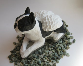 Boston Terrier Statue, Dog Angel Memorial, Painted Concrete Statues of Dogs, Pet Angels With Wings. Pet Headstone, Garden Statue, Bostons