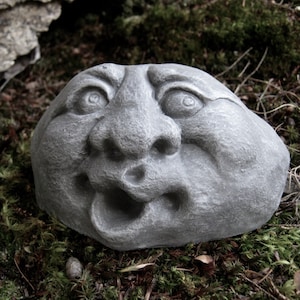 Garden Rock Face, Concrete Garden Face, Funny Face, Rocks With Faces, Garden Decor, Rock Faces, Garden Rock, Stone Faces, Fairy Garden Rock
