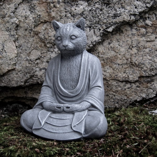 Buddha Cat Statue, Concrete Cats, Buddha Figure, Cement Garden Decor, Buddhism, Zen Garden, Cement Cat Statues, Garden Statues, Stone Cat