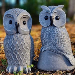 Owls, Cast Stone Garden Owl Statues, Two Concrete Owls, Pair of Cement Owls, Owl Garden Decor, Owl Figures For Outdoors