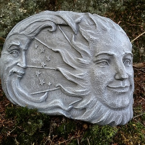 Sun Face Rock, Moon Face Rock,  Lunar And Solar Concrete Garden Statue, Garden Decor, Garden Sun, Garden Moon, Rock Faces