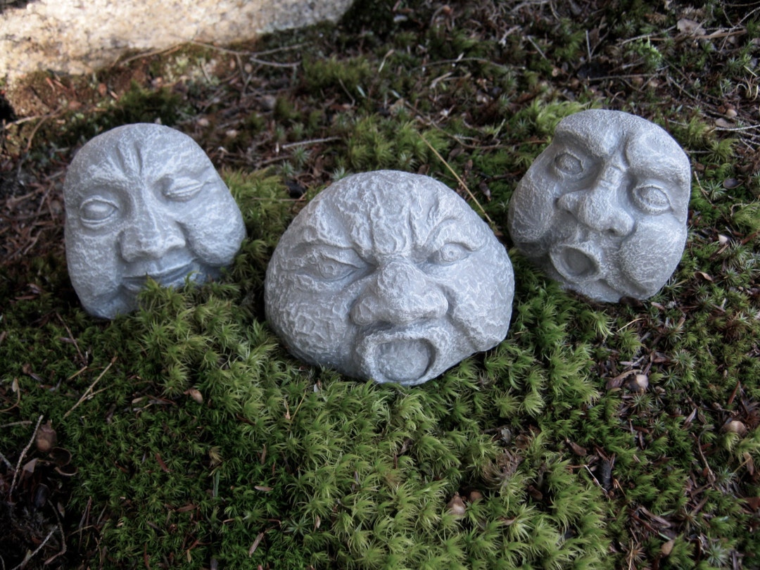Rock Faces, Three Concrete Garden Rocks, Garden Decor, Pot Sitter ...