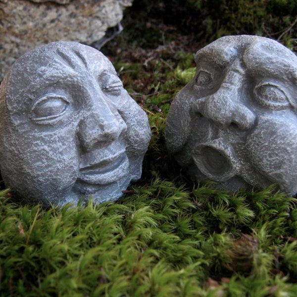 Rock Faces, Flower Pot Men, Two Funny Faces, Concrete Rocks, Garden Decor, Garden Statues,