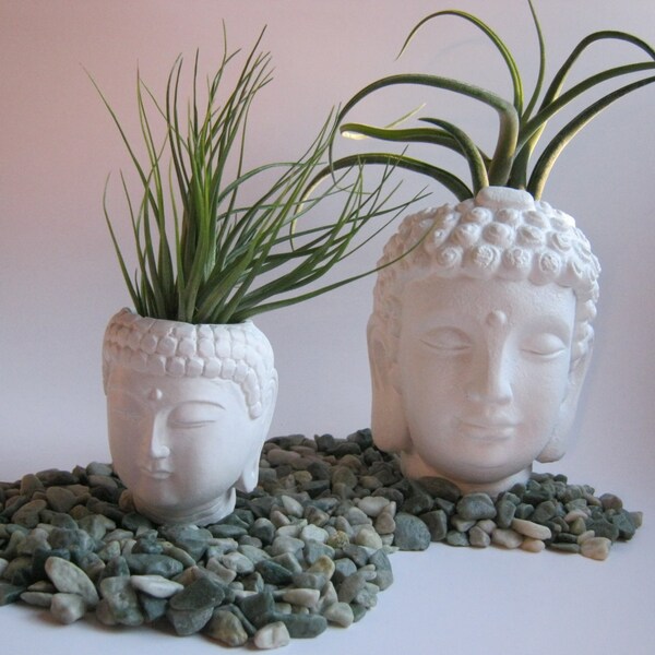 Buddha Head Concrete Statue Plant Pot Pair, Two White Planters, Cast In Cement And Stone Succulent And Air Plant Holder in Buddhist Decor