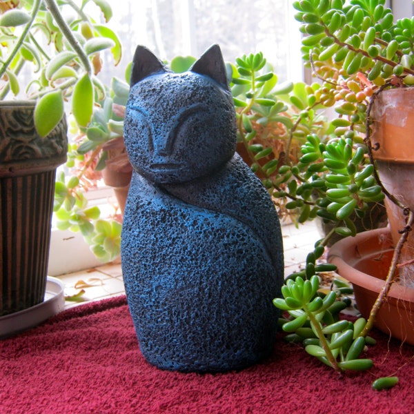 Cat Statue, Contemporary, Blue Painted Feline Cement Concrete Stone Figure, Kitty Garden Decor