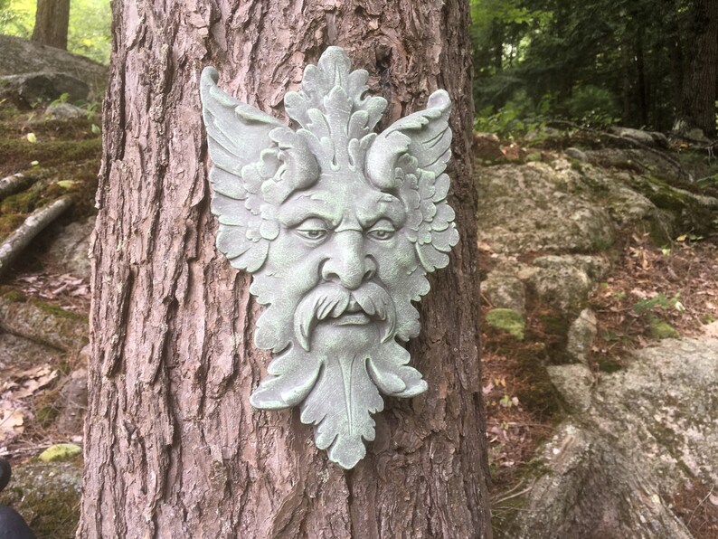 Green Man Garden Decor Hanging Face Concrete Garden Faces Etsy