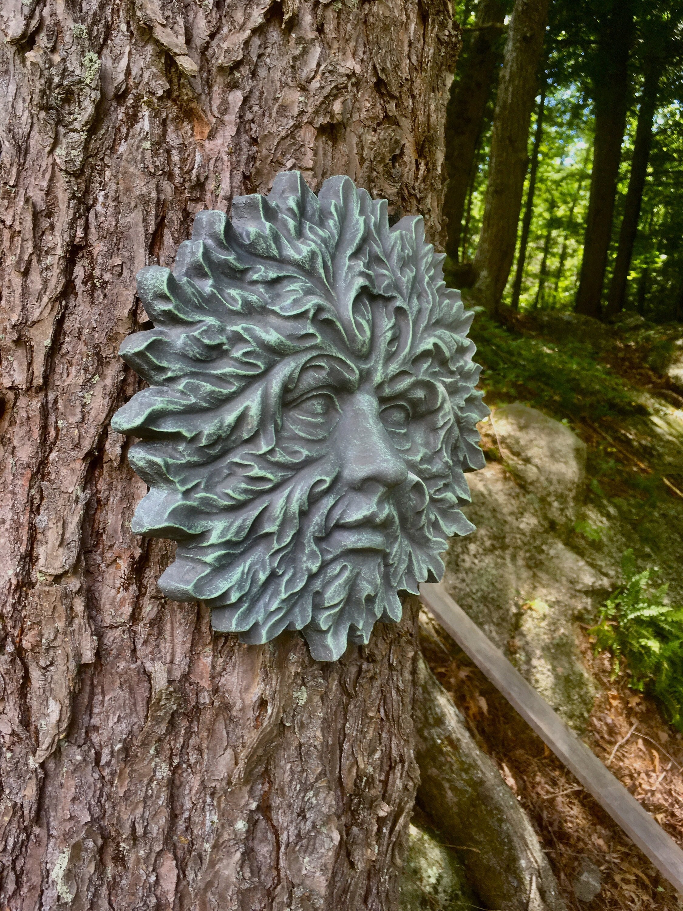Garden Green Man, Concrete Hanging Face, Painted Cement Figure