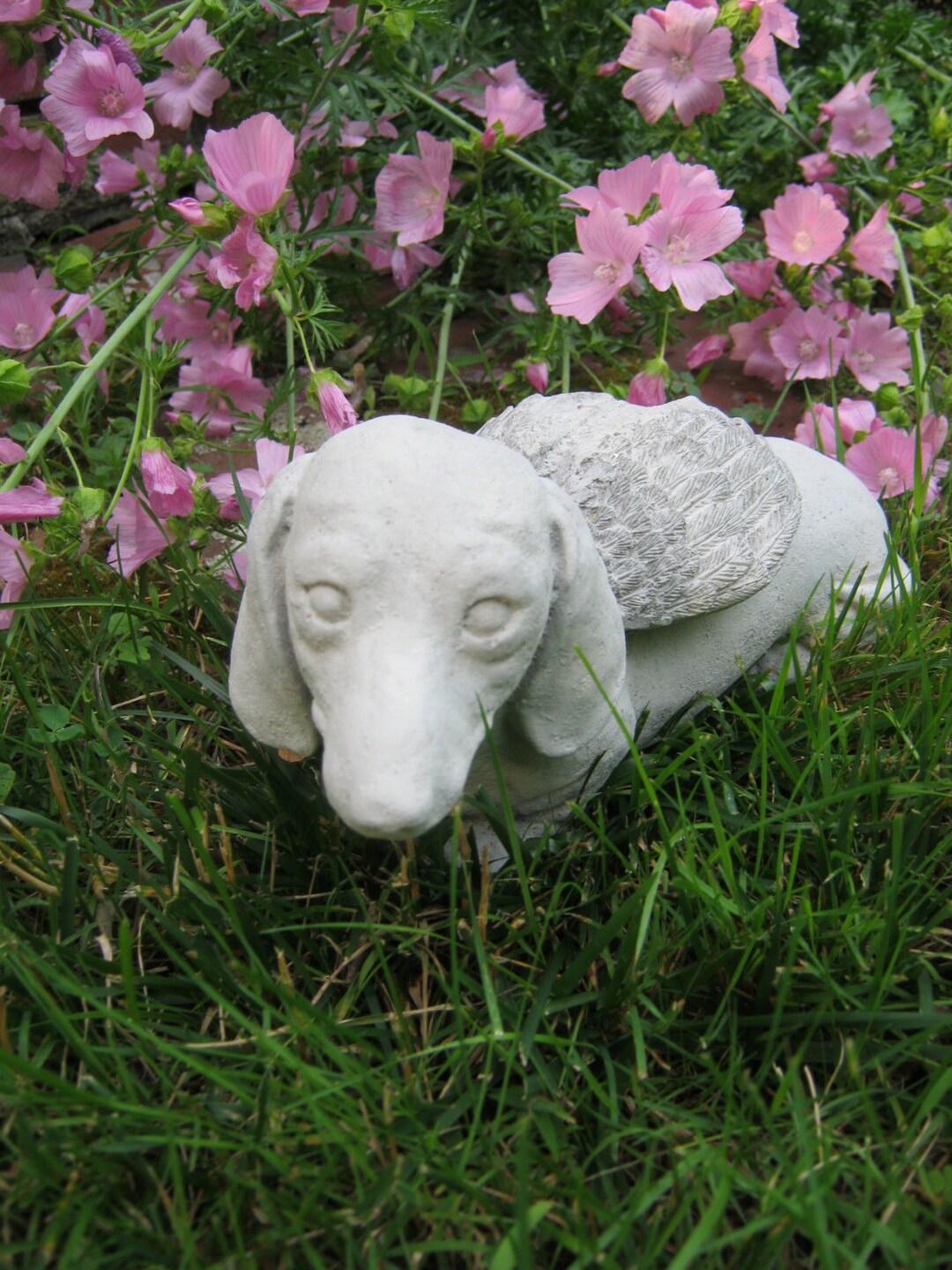 Dachshund Concrete Statue, Doxie Dog Angel Pet Memorial Cement. Dog