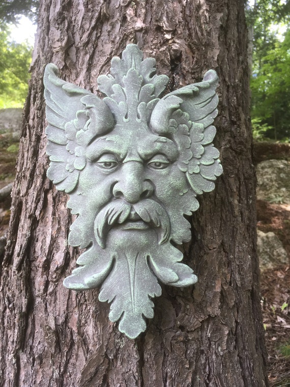 Green Man Garden Decor Hanging Face Concrete Faces Cement Of The Forest Cast Stone Tree Colored