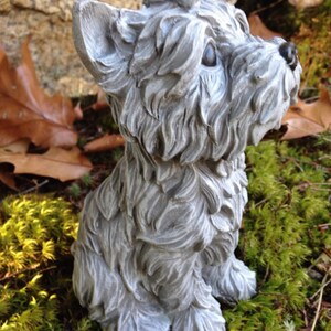 May include: A grey, detailed statue of a seated dog with a textured coat, black nose, and attentive expression. The dog statue is set amidst green moss and fallen leaves, suggesting an outdoor garden setting.