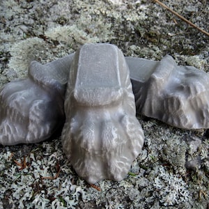 May include: Three gray, sculpted stone paw feet arranged in a row. The paws are detailed with fur and claw features. The objects are resting on a mossy, lichen-covered rock surface.