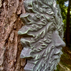 Garden Green Man, Concrete Hanging Face, Painted Cement Figure, Greenman Face, Concrete Face, Green Man Tree Decor, Cement Green Man image 3