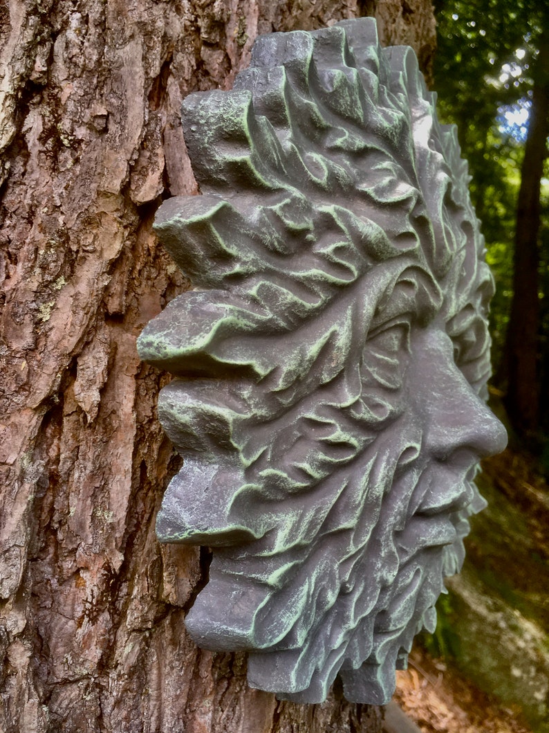 Garden Green Man, Concrete Hanging Face, Painted Cement Figure, Greenman Face, Concrete Face, Green Man Tree Decor, Cement Green Man image 3