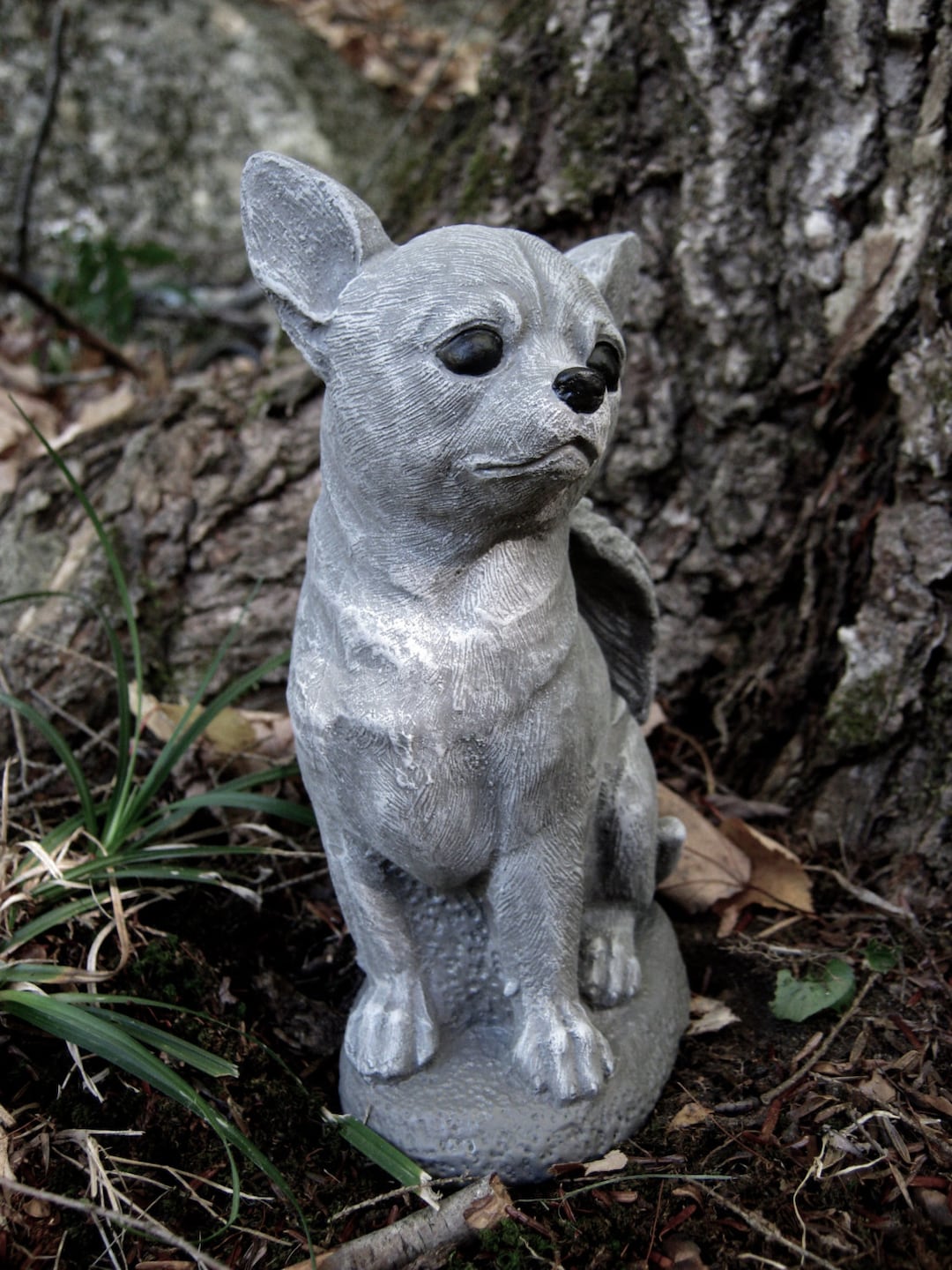 Chihuahua Dog Angel, White, Gray Concrete Garden Statue, Cement