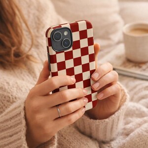 Checkered Phone Case for iPhone 17 16 15 14 13:burgundy Cream Checkerboard Retro Aesthetic Cover,Y2K Style Accessory Minimalist Plaid Print