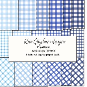 Könnte beinhalten: Eine Sammlung von 18 blau-weiß karierten Mustern in verschiedenen Farbtönen, angeordnet in einem Raster. Die Muster umfassen klassische Karos und diagonale Designs. Der Text auf dem Bild lautet "blue Gingham design, 30,48x30,48 cm, Seamless digital paper pack."