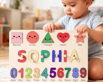 Rompecabezas personalizado con el nombre del bebé, tablero de actividades para el aprendizaje temprano, juguete de madera para bebé, decoración para la habitación del bebé, regalo para la primera Navidad o el primer cumpleaños.