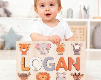 Personalized Baby Name Puzzle, Animal Child puzzle Toy, Custom Early Learning Busy Board, 1st Christmas Gift for kids, 1st Birthday Gift