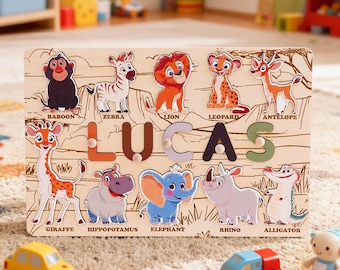 Personalized Baby Name Puzzle, Custom Kids Early Learning Busy Board, Animal Wooden Toys, Birthday Gift for Baby, 1st Christmas baby gift